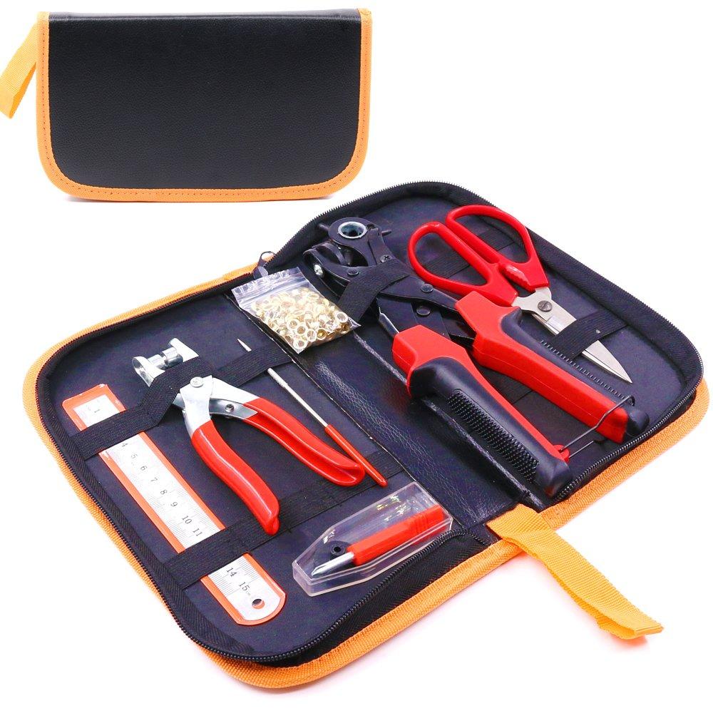 Glarks Heavy Duty Adjustable Metal Hole Punch Pliers Revolving Leather Belt Hole Punch with Eyelet Pliers Tool Kit for Belt, Watch Bands, Saddle,