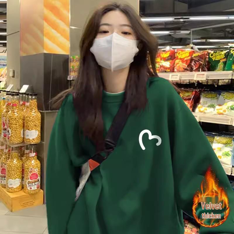 Women's Dark Green Round Neck Pullover Sweatshirt - 2024 Autumn Korean Style, Long Sleeve, Casual Design.