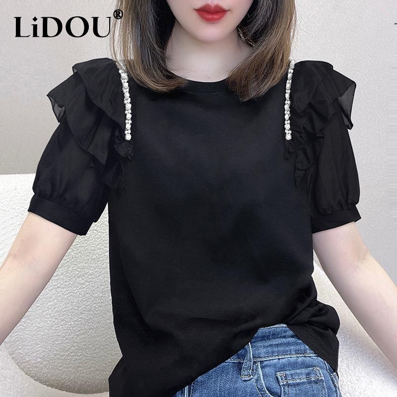 Summer New Round Neck Black Ruffles Beading T-shirt Ladies Short Sleeve Casual Fashion Pullover Tops Women Loose All-match Tee