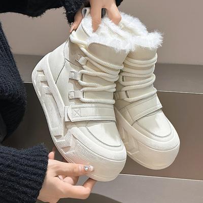 Winter Thicken Plush Ankle Boots Women 2024 New Warm Pu Leather Snow Boots Woman Black Winter Lace-Up Flat Heels Cotton Shoes