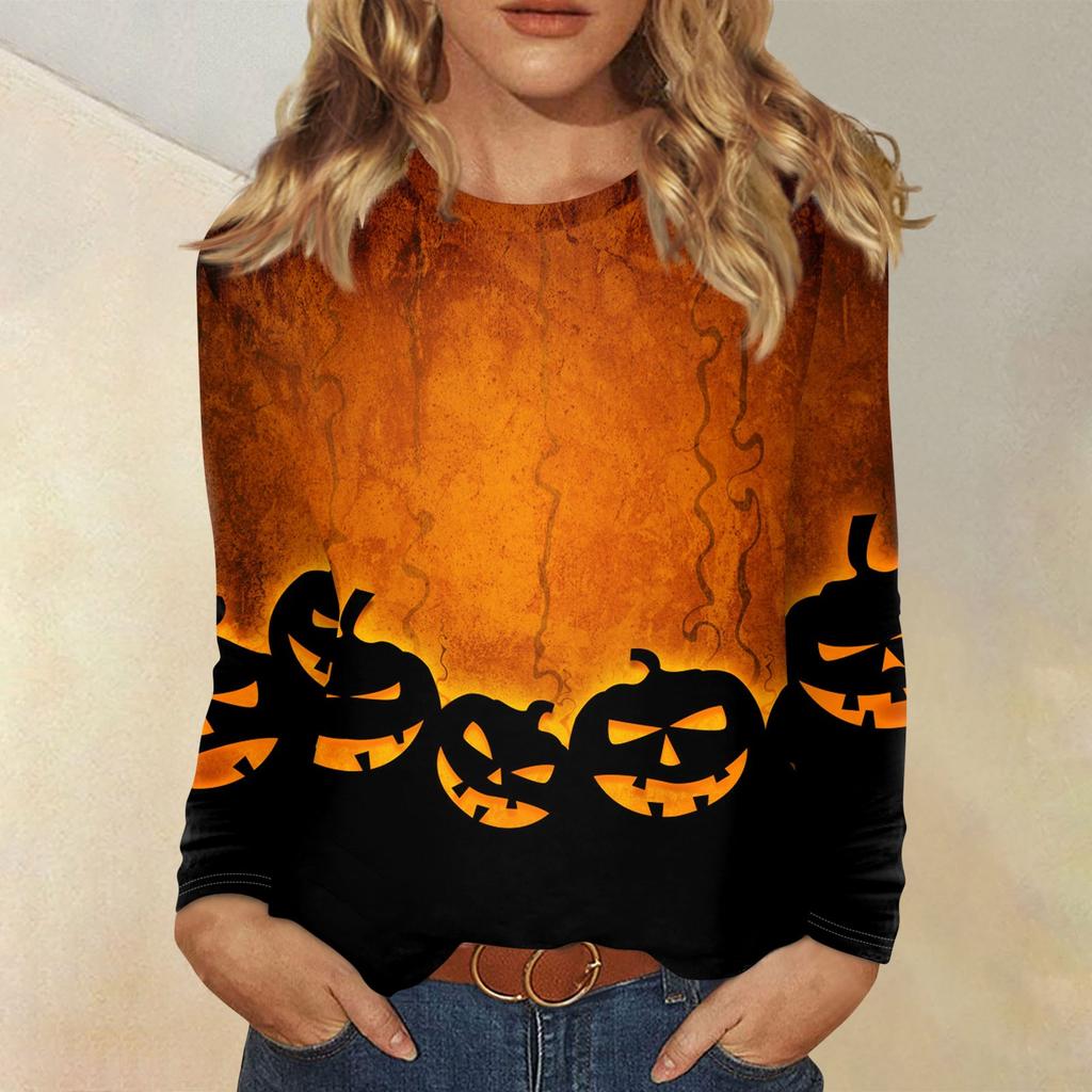 Langarmshirts Für Damen Niedliche Halloween-Print Grafik-T-Shirts Blusen Lässig Große Größen Basis-Oberteile Pullover