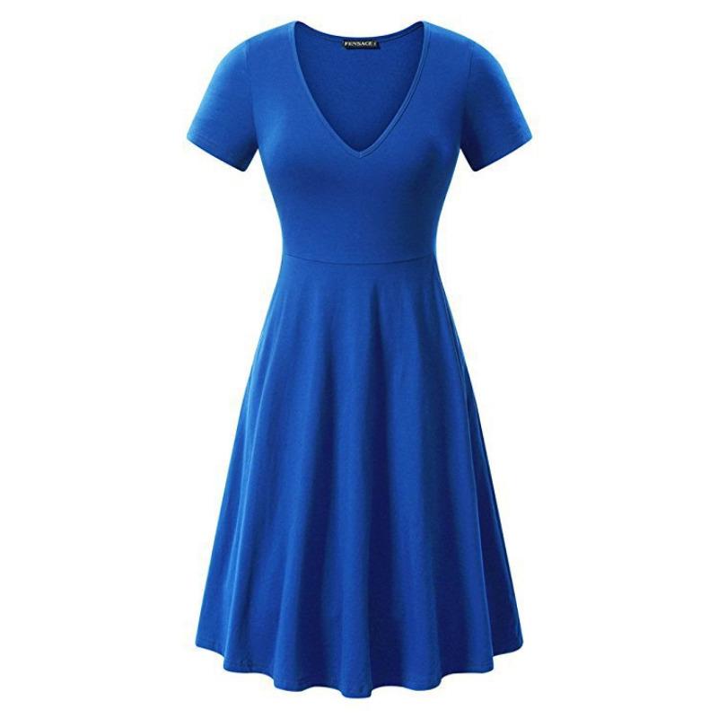 Spring and Summer Large Size Solid Color V-neck Short-sleeved Simple Loose Dress