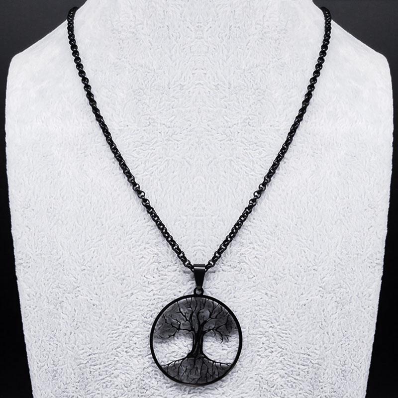 Tree of Life Stainless Steel Long Necklace for Men Black Color Necklaces & Pendants Jewelry cadenas para hombre N834S03