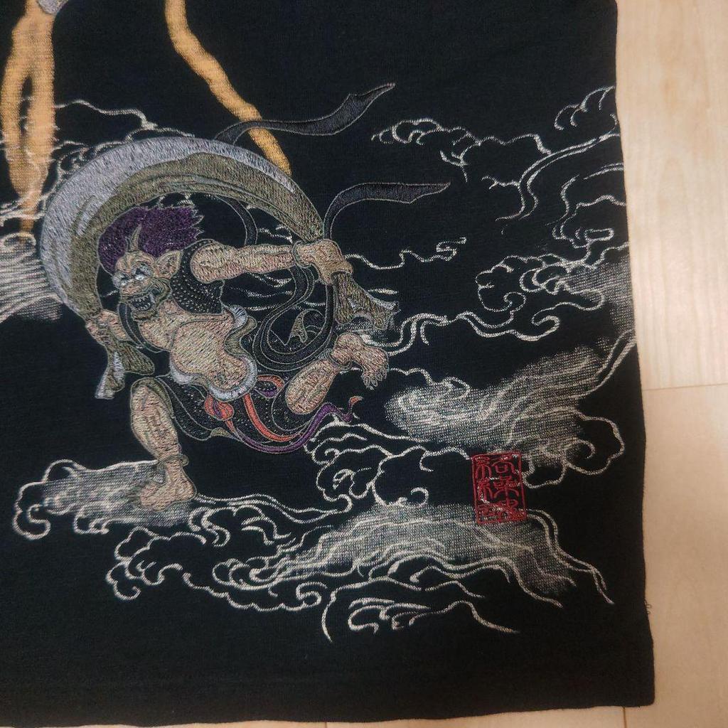 Used New Karakuri Tamashii Japanese Pattern Raijin Fujin Embroidery Raglan 3-Pocket T-Shirt Black