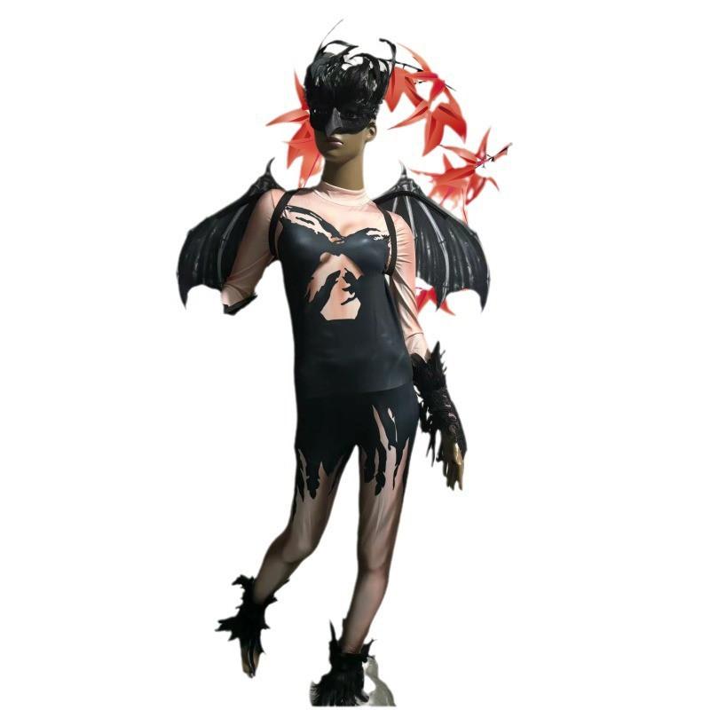 Halloween Skeleton Feather Jumpsuit Cosplay Set With Mask Gloves Wings Party