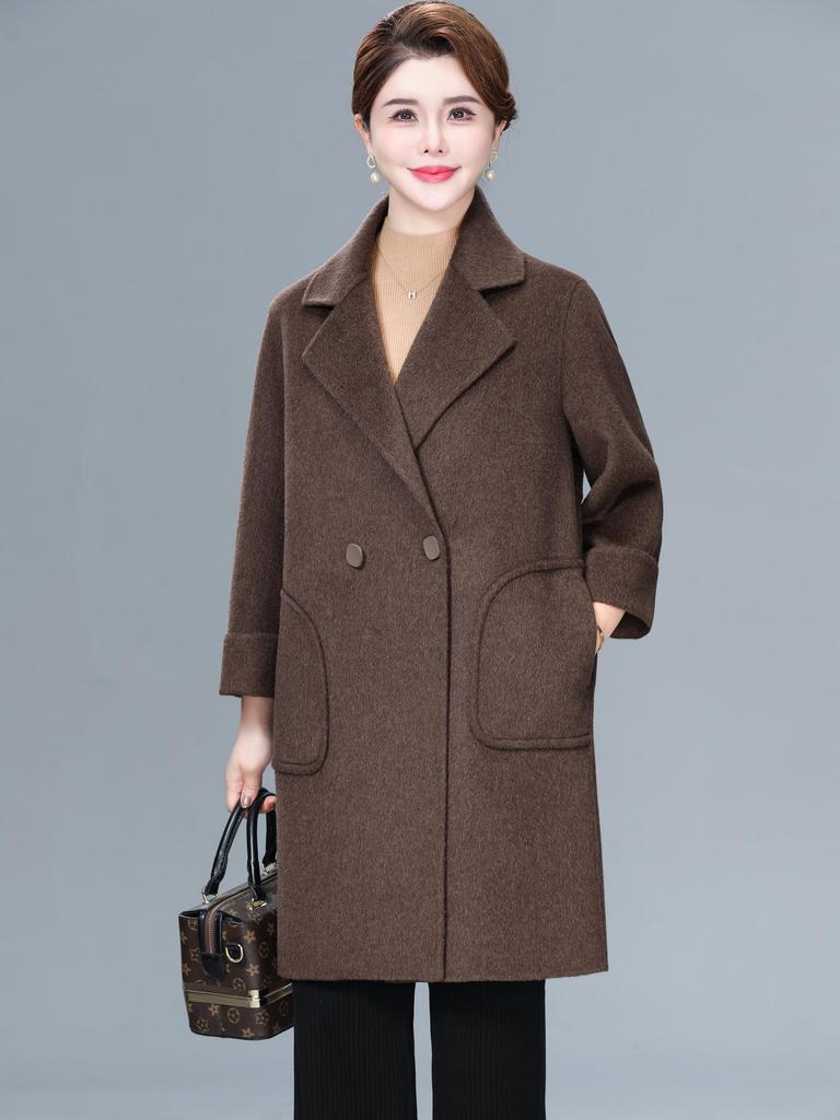 Mom's Stylish Mid-Length Double-Faced Cashmere Wool Coat for Autumn & Winter - High-End, Loose Fit for Middle-Aged Women