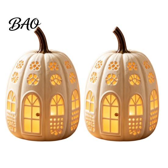 Decorative Pumpkin Sculpture Lighted Cottage Ornament, Flickering Tabletop Lamp, Light-Up Small Desktop Ornament for Autumn Farmhouse Fall Centerpiece