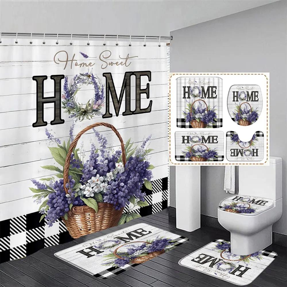 Tulip Flower Basket Rustic Wood Panel Shower Curtain And Rug Bathroom Set Home Washable Hanging Curtain Bath Mats Bathroom Decor