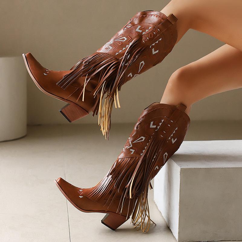 Fashion IPPEUM Cowboy Boots For Women Black Brown Pu Leather Western Shoes Plus Size 35-46 Knee High Cowgirl Boots