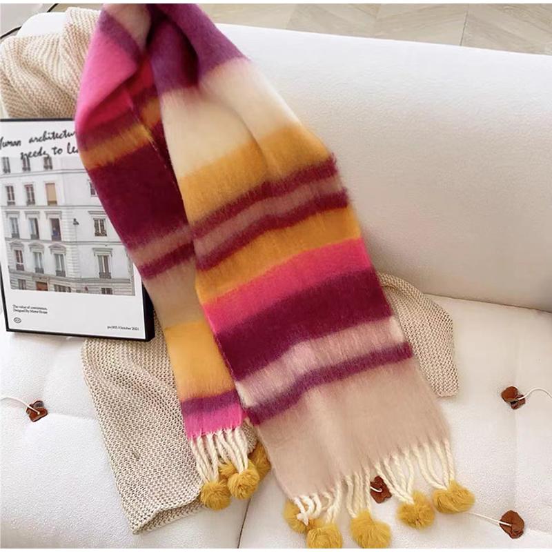 Mohair Striped Tassel Scarf Ladies Autumn and Winter New Fashion Scarf All-match Warm High-quality Scarf