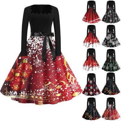 Damenmode, eckiger Ausschnitt, lässig, schmal, weihnachtlich bedruckt, langärmelig