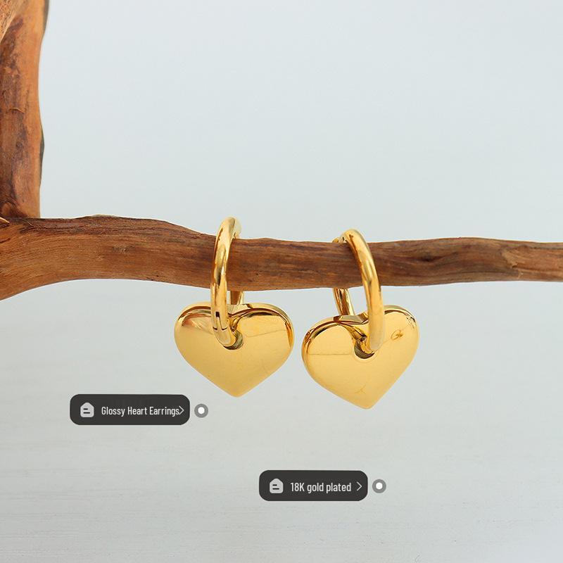 Punk Style 3D Shiny Peach Heart Earrings: Titanium Steel & Real Gold Creative Jewelry.