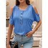Women Round Neck Half Button Cold Shoulder Short Sleeve Solid Casual Blouse Top