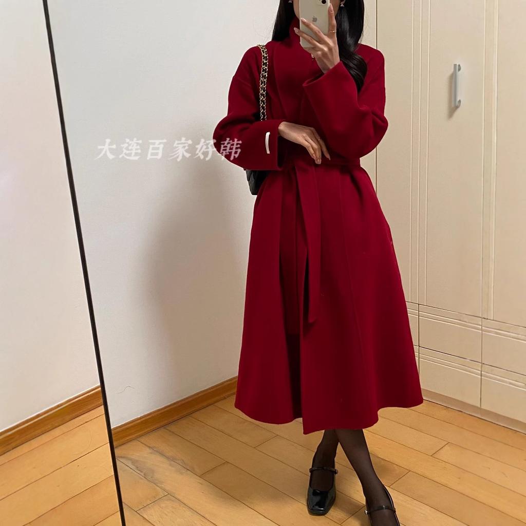 Temperament bathrobe long double-sided wool coat autumn and winter simple red, white and black belt women's loose