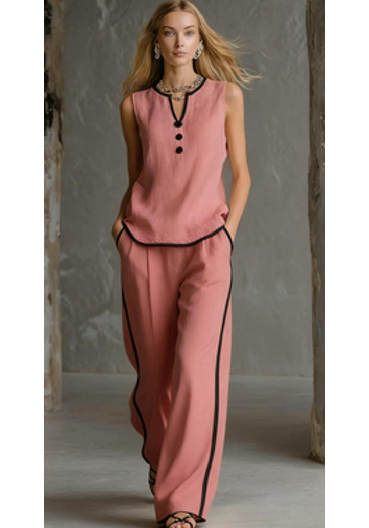 

2026 Summer V-Neck Sleeveless Top with Black Trim & Wide-Leg Pants: Elegant and Slimming. M фуксія