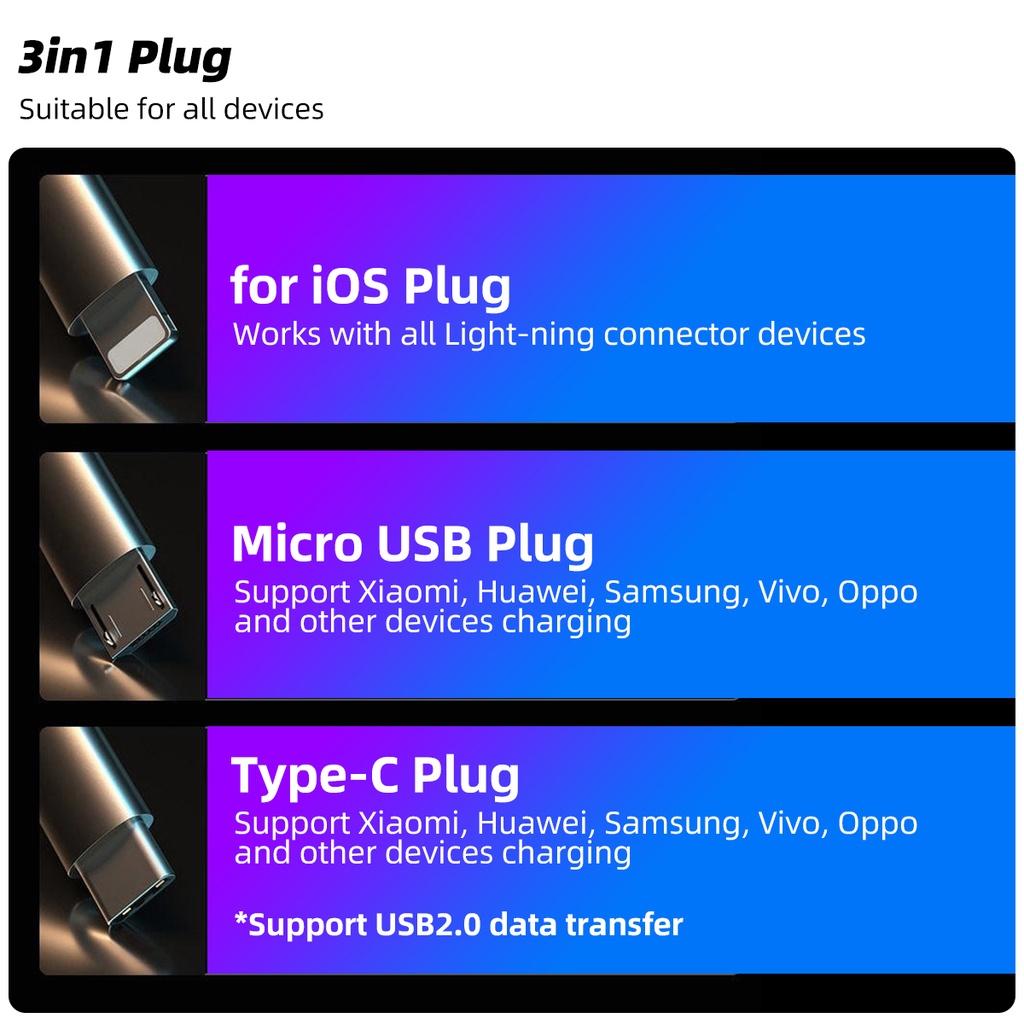 FONKEN 3 In 1 6A 66W Fast Charging Cable USB To Type-C Micro USB Lightning Charger Cable RGB Colorful Glow QData Cord