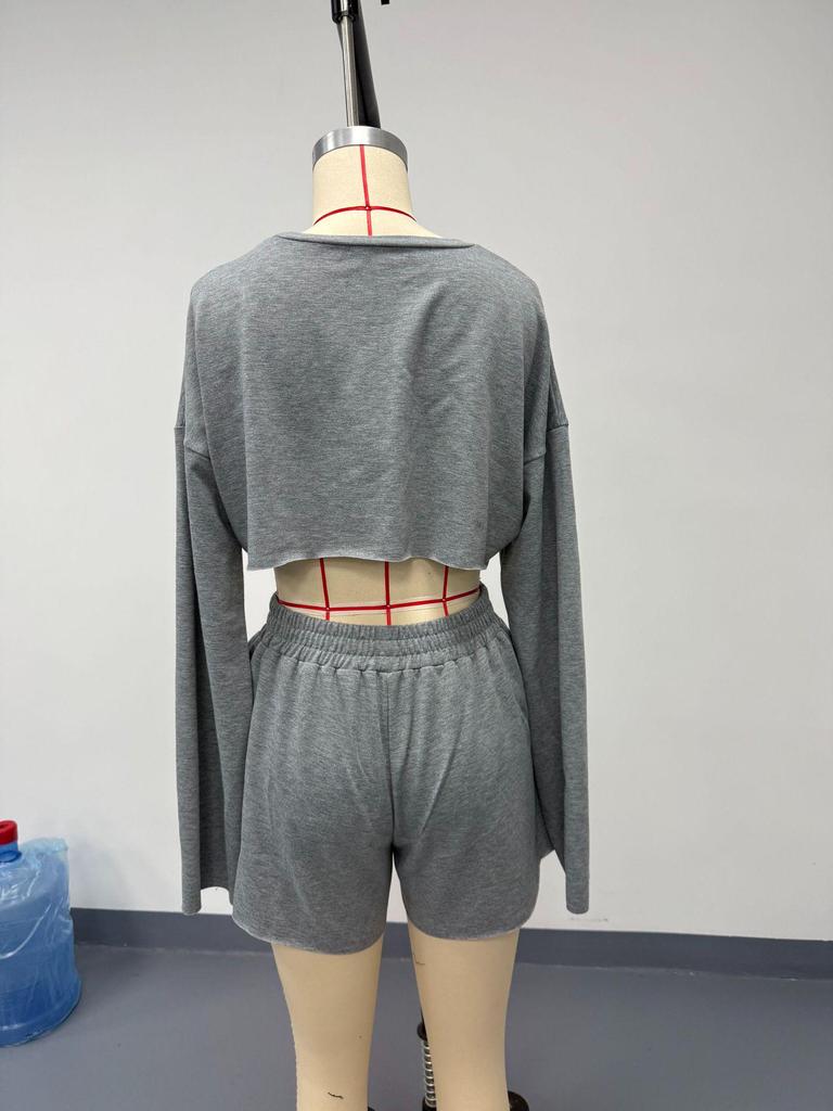 European & American Women's Long-Sleeve Top and Shorts Set - Light Luxury