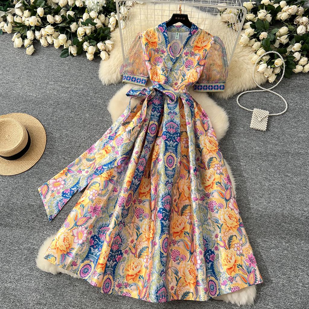 Elegant Retro Print Flower Long Dresses Women Summer Autumn Holiday Palace Style National Trench Belt V Neck Party Dress