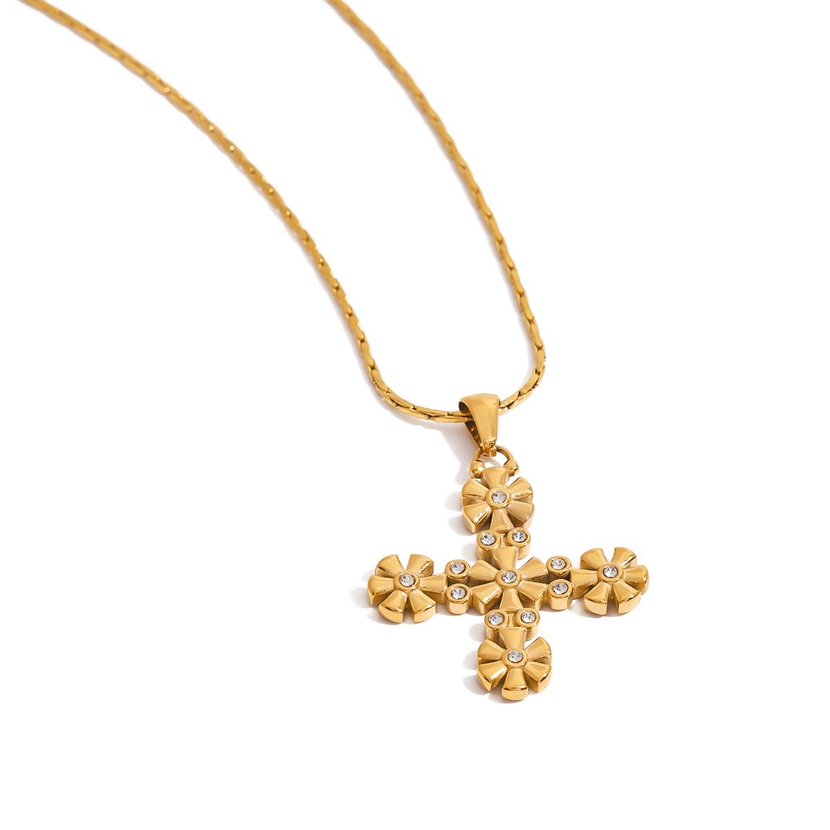 

Yori Stainless Steel Flower Cross Pendant Necklace Rust Proof Statement 18K Gold PVD Plated Waterproof Jewelry