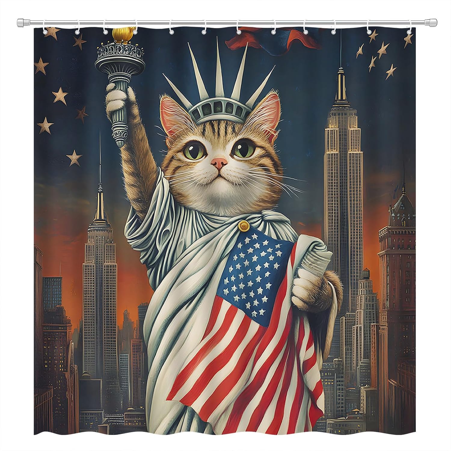 

Independence Day Shower Curtain Funny Cat 4Th Of July American Flag Red Blue Stars And Stripes Patriots Usa Cities At Night W60H190(CM)-1 Pcs