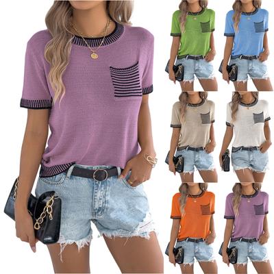 Women's Fashionable Round Neck Casual Contrasting Striped Pocket Short Sleeved Knitted Top