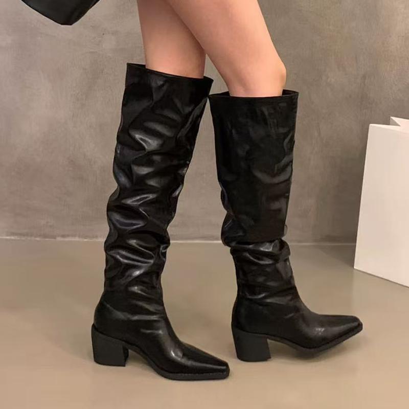 High Heels Women's High Boots Luxury Pointed Toe Chunky Shoes Fashion Chelsea Boots New Pumps Fashion Leather Mujer Botas