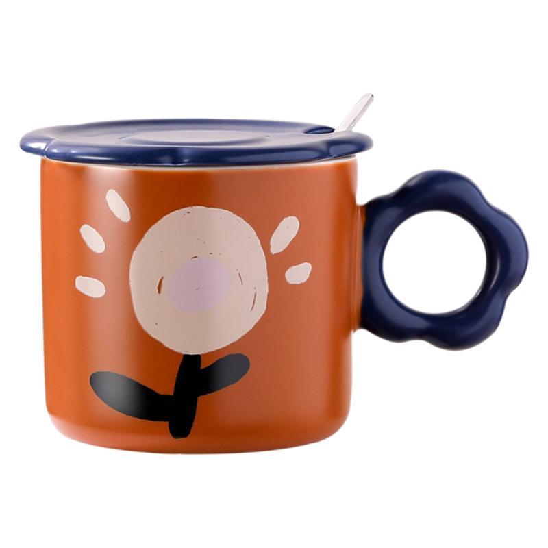 Retro Ölmalerei Stil Tasse mit Deckel Löffel hoher Wert personalisierte handbemalte Keramiktasse Büro Kaffeetasse Nische
