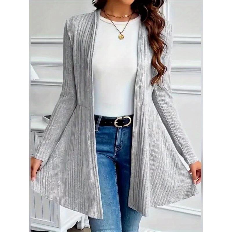 Women's Elegant Solid Color Textured Loose-Fit Cardigan - Medium Stretch Spring/Fall Layering Piece, Hand Washable Casual To Semi-Formal Sweater