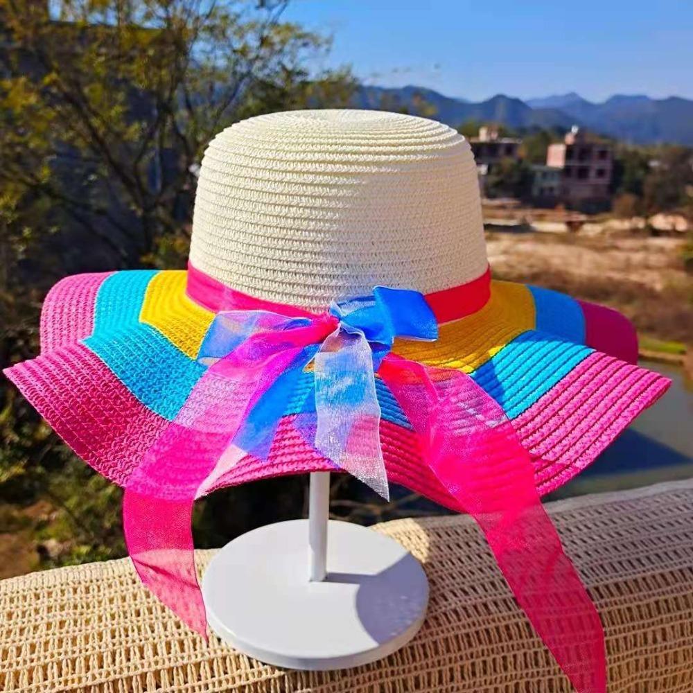 

With Wire Edge Rainbow Striped Big Brim Straw Hats Sunshade Summer Hats Beach Hats 56/58cm