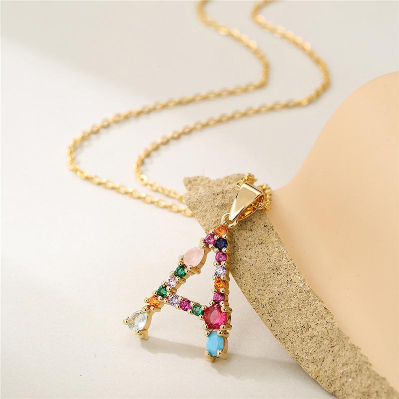 2021 Mixed Gemstone Inlaid Clavicle Necklace: 26-Letter Color-Preserving Electroplated Design for Women, Popular In Europe and America