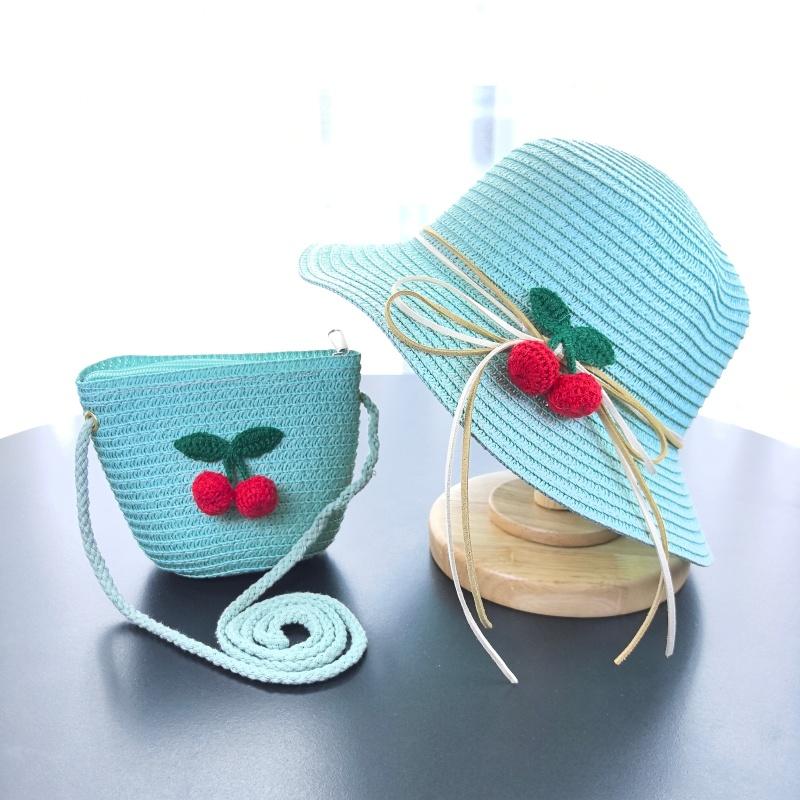 

1set Spring-Autumn Little Cherry Bowknot Girl Outdoor Hat + Bag Set summer hats for women bucket hat небо синє кольору