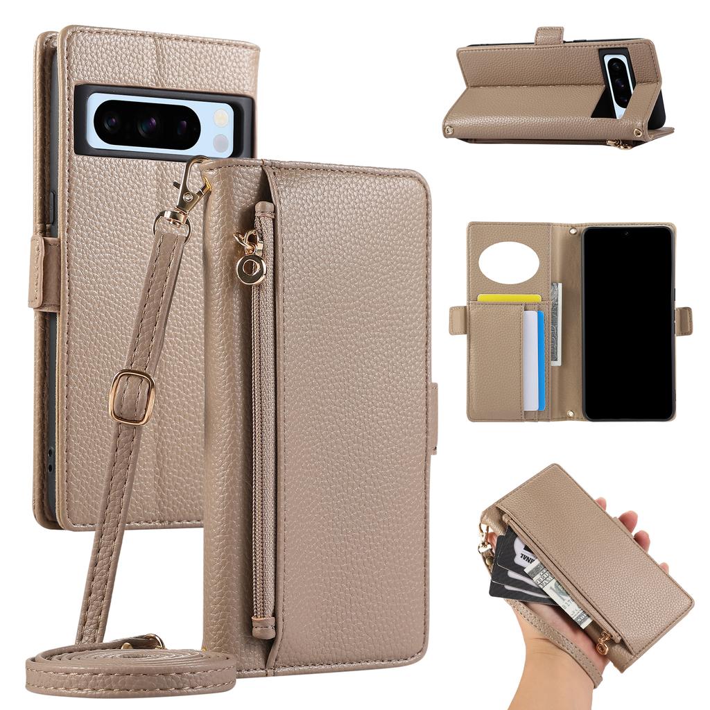 Crossbody Zipper Cards Solt Wallet Leather Case For Google Pixel 9 Pro XL 8 8A 7 7A 6 6A Makeup Mirror Long Lanyard Book Cover