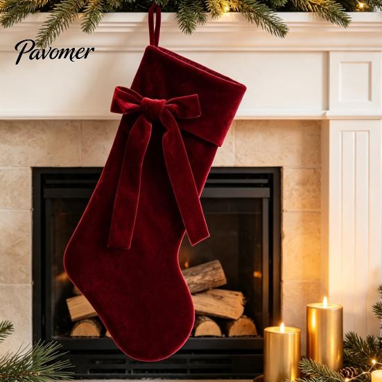 Xmas Party Supplies 19 Inch Velvet Christmas Stocking with Bow, Soft Large Fireplace Hanging Stockings for Gifts Sock Plush Cuff Mantel, Holiday Tree