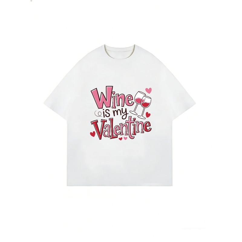 Wine Is My Valentine Oversized T Shirt Black Wine Glasses And Hearts Print For Valentine's Day Party Casual Wear
