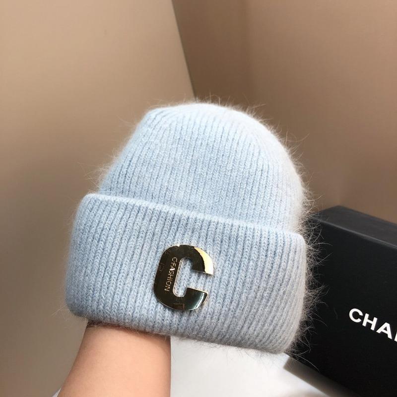 Big Head Circumference Rabbit Hair Knitted Hat Autumn and Winter Women's C Letter Tide White Gray Thickened Warm Ski Ear Protection Wool Cold Hat