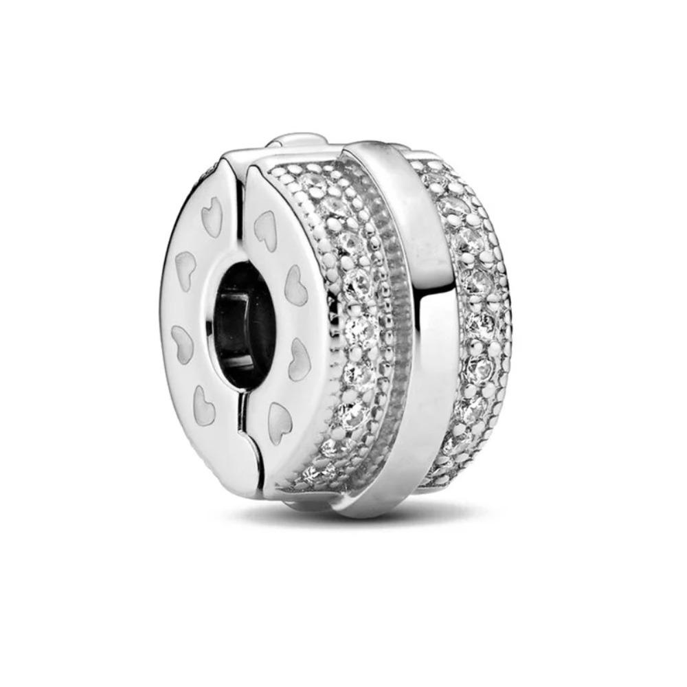 New 925 Silver Round Flower Pattern Sparkling Pink Heart-shaped Clip Charm Bead Fit for Original Bracelet DIY Women's Jewelry