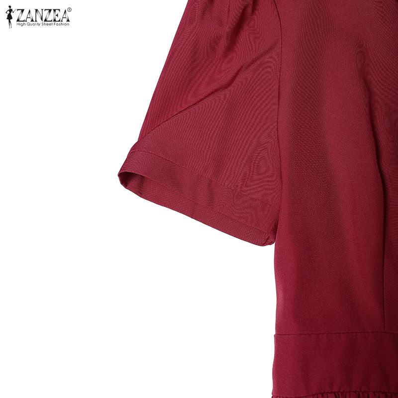 ZANZEA Women Square Collar Summer Casual Short Sleeve Pleated Dress