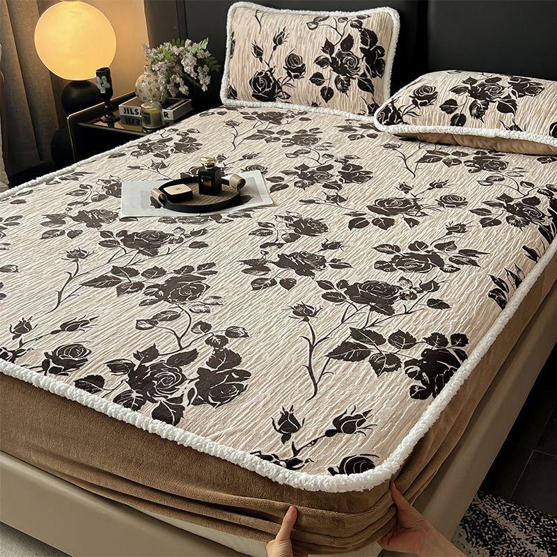 Home carved milk velvet fitted sheet single piece winter plus velvet mattress protector cover full cover bed