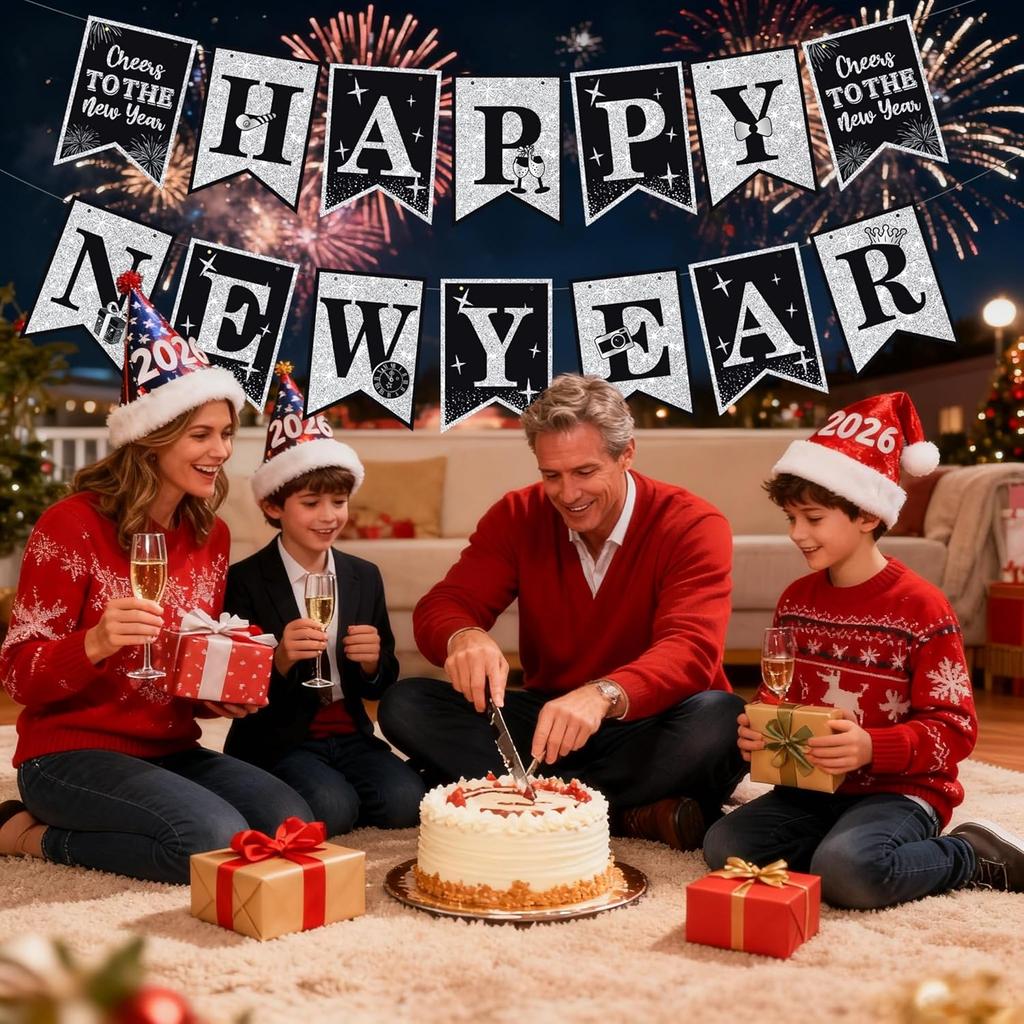 Happy New Year Decorations Hello 2026 Black Silver New Year’s Eve Banner Pre-Strung 2026 NYE Party Backdrop Supplies for Home Office School Public