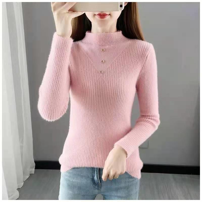 Pullover Sweater Female 2022 Mink High Neck Knitted Clothing Versatile Long Sleeve Solid