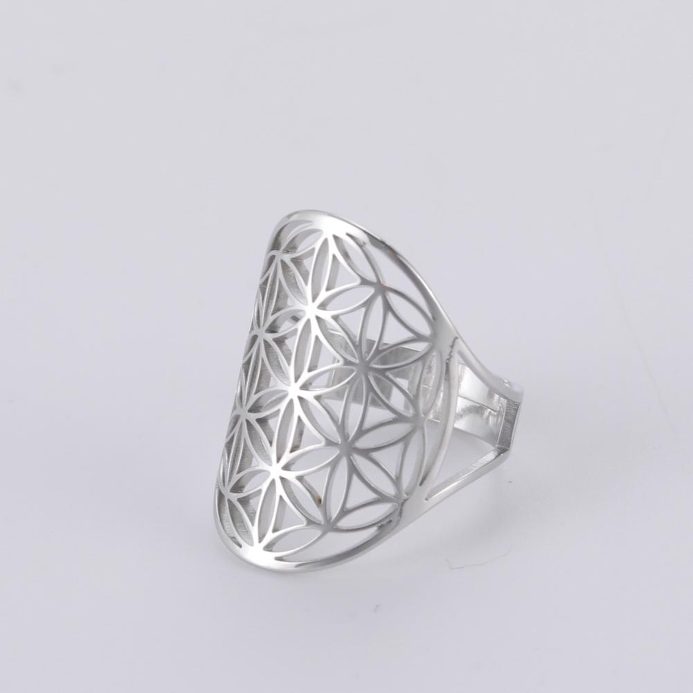 Dawapara Flower of Life Talisman Resizable Finger Rings for Men Women Hollow Adjustable Ring Stainless Steel Jewelry