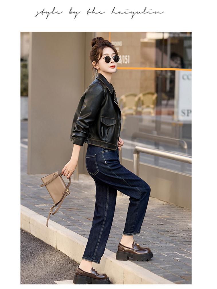 2025 Spring/Autumn Temperament Women's Slim Leather Jacket with Turn-Down Collar