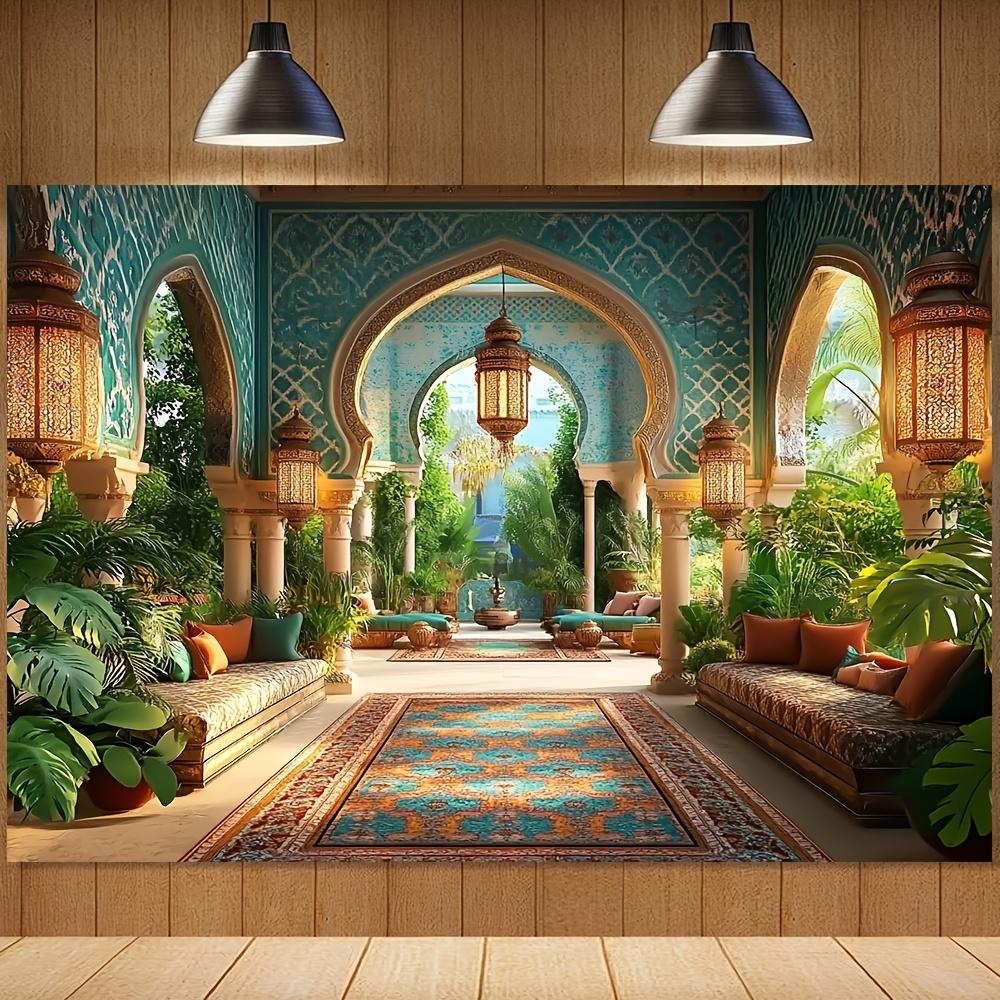 A delicate Moroccan-style nighttime celebration banner - depicting an Arab courtyard scene, lush green plants and decorations