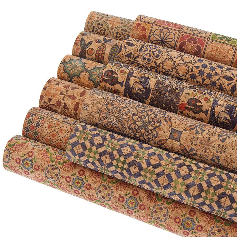 Designer 0.45 mm Organic Vegan Synthetic Printed PU Leather Cork Fabric for Clothing Bags Shoes Making Phone Case Cover Notebook