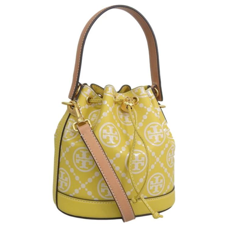 Tory Burch T Monogram Drawstring Embossed Leather Shoulder Tote Bag Women Bags Palm-Yellow 88155-733