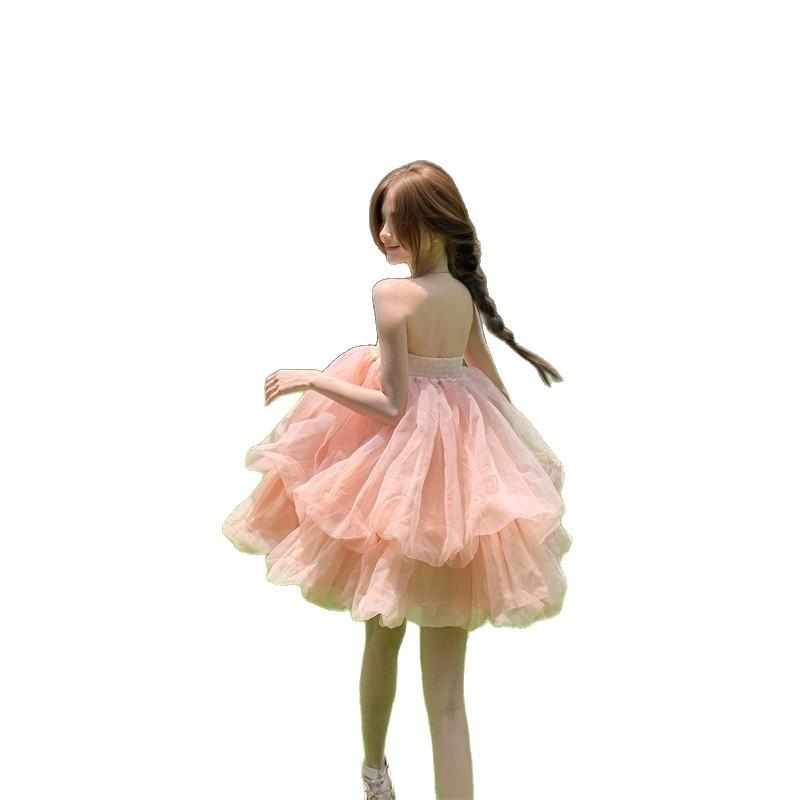 Super fairy gentle pink mesh fluffy tube top dress women's summer new princess style holiday short skirt