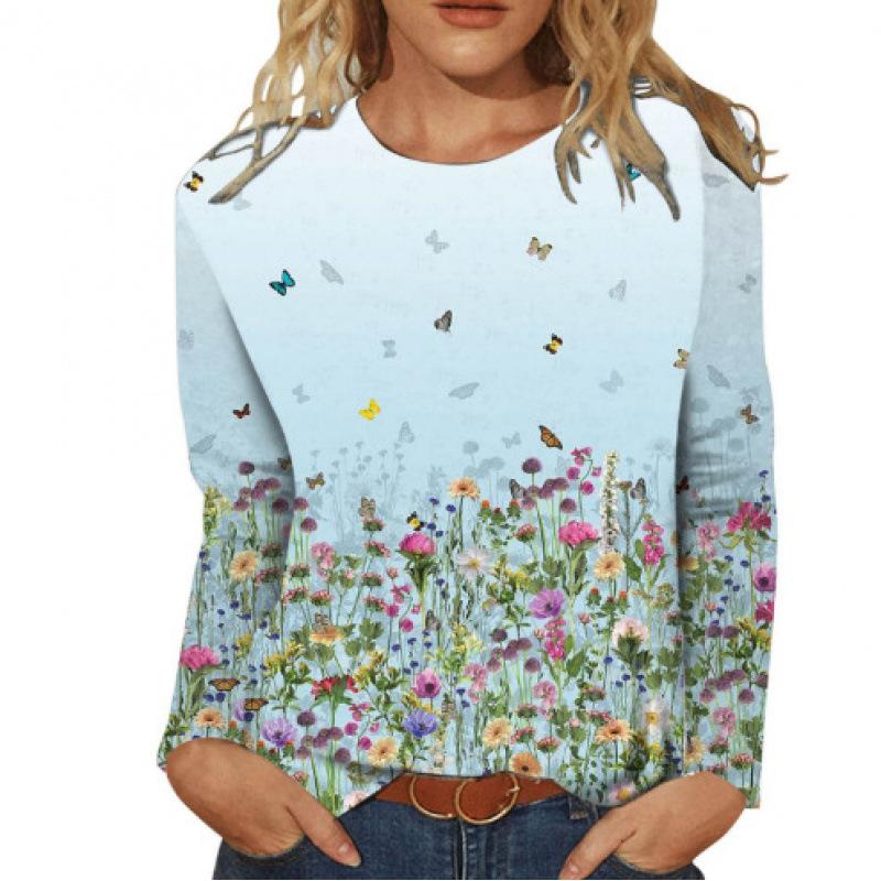 New Women's Round Neck Long Sleeve Loose Printed T-Shirt Ladies Top