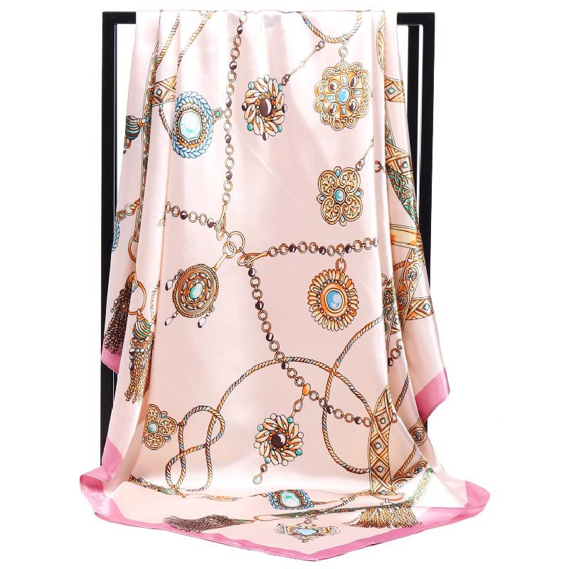 Luxury Women Silk Scarf Square Bandana Design Brand Headband Female Satin Hijab Large Shawl Wrap Lady Kerchief Chain Print New