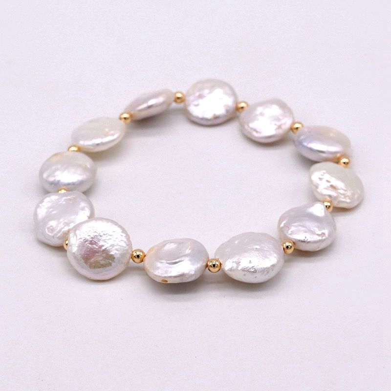 

Простой женский браслет, белый натуральный пресноводный жемчуг, диск в стиле барокко, эластичный браслет из веревки, модные украшения 19cm