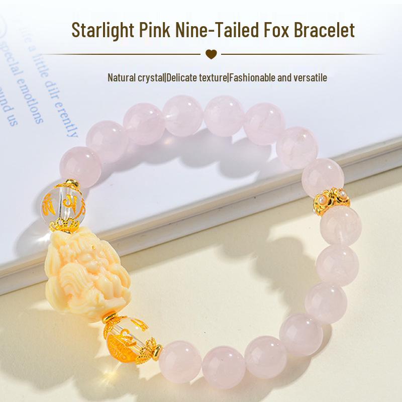 

Natural Rose Quartz Nine-Tailed Fox Bracelet - Fresh Chinese Style Beaded Jewelry for Women